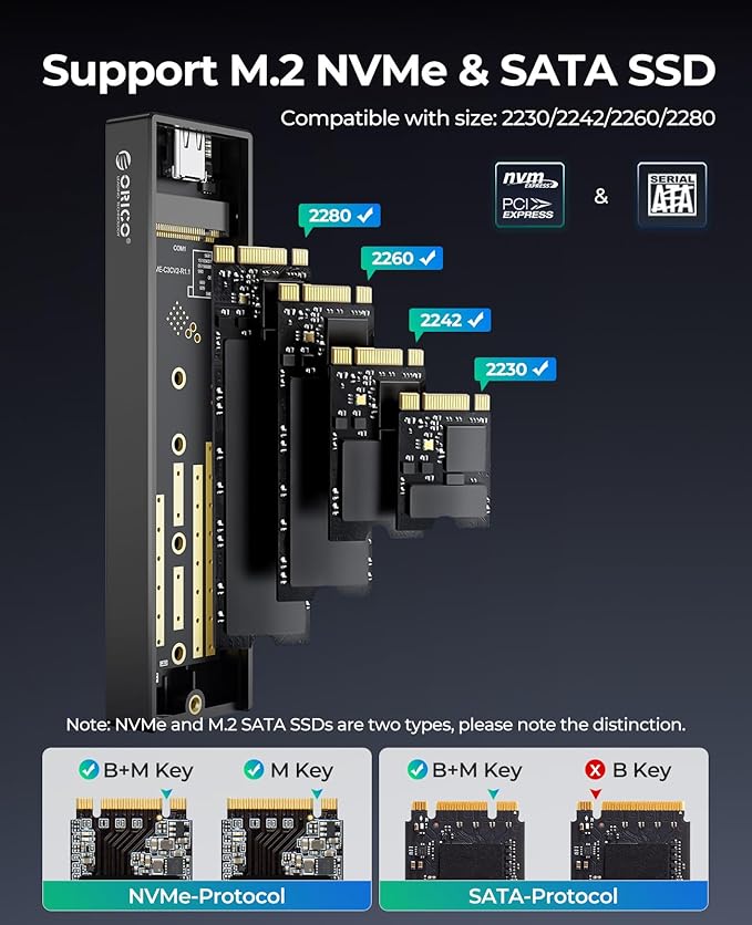 ORICO Carcasa M.2 NVMe SSD, USB 3.1 Gen 2 (10 Gbps) Adaptador externo PCIe NVMe Funda para SSD M.2 2230/2242/2260/2280 M.2 de hasta 8 TB, compatible con UASP - M2PV