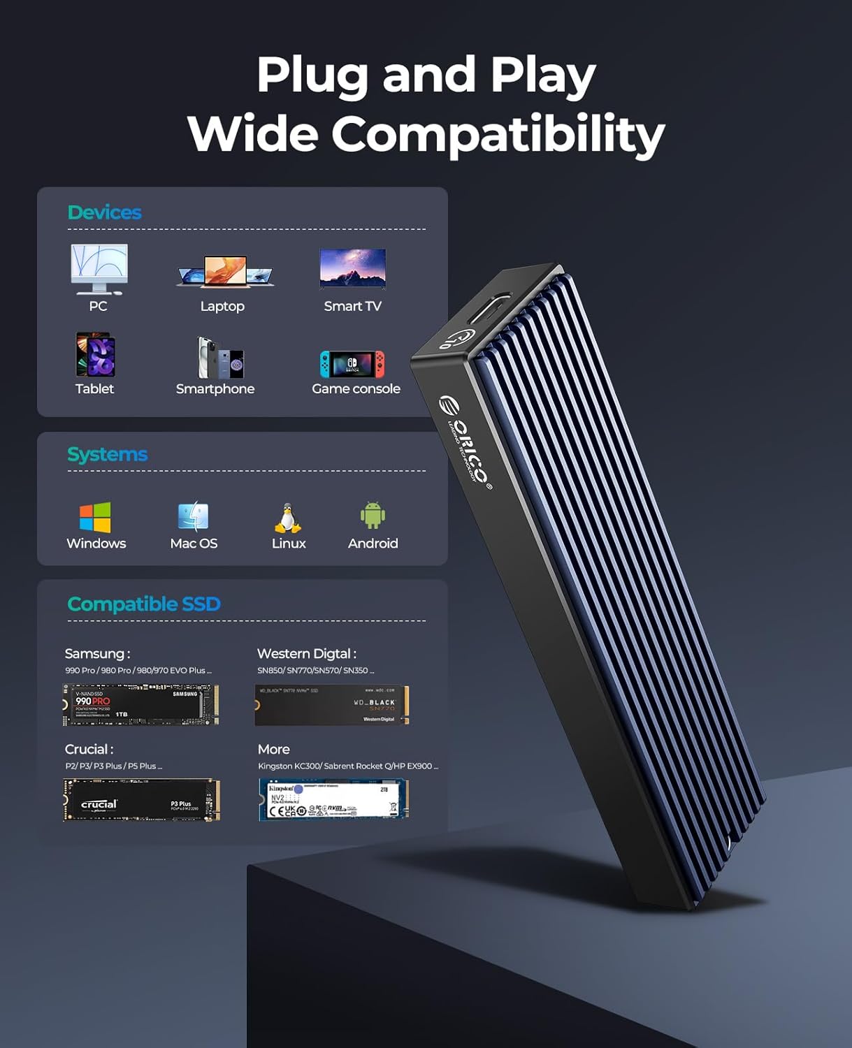ORICO Carcasa M.2 NVMe SSD, USB 3.1 Gen 2 (10 Gbps) Adaptador externo PCIe NVMe Funda para SSD M.2 2230/2242/2260/2280 M.2 de hasta 8 TB, compatible con UASP - M2PV