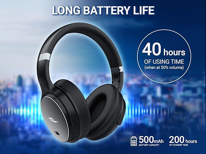 Rosewill Saros C740S Auriculares inalámbricos con cancelación activa de ruido (ANC), recargables con hasta 40 horas de tiempo de reproducción, controlador de 1.575 in, sonido HQ superior