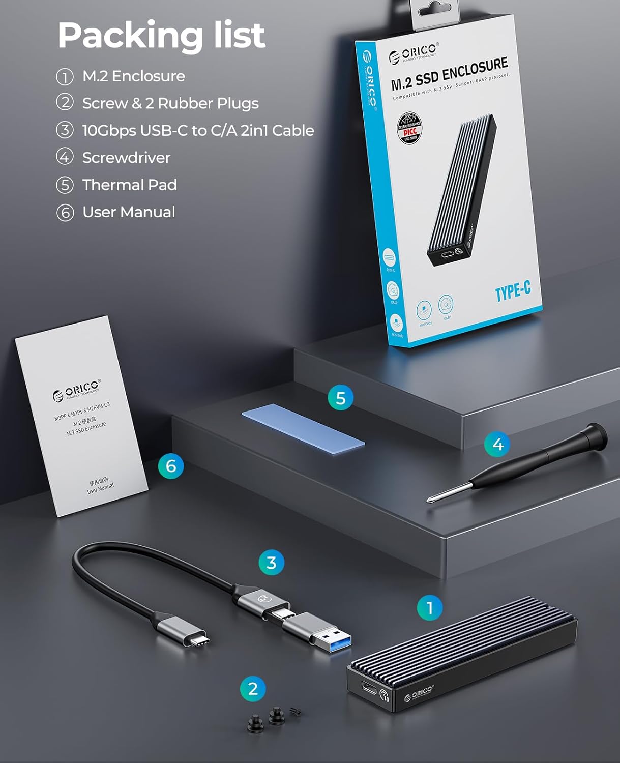 ORICO Carcasa M.2 NVMe SSD, USB 3.1 Gen 2 (10 Gbps) Adaptador externo PCIe NVMe Funda para SSD M.2 2230/2242/2260/2280 M.2 de hasta 8 TB, compatible con UASP - M2PV