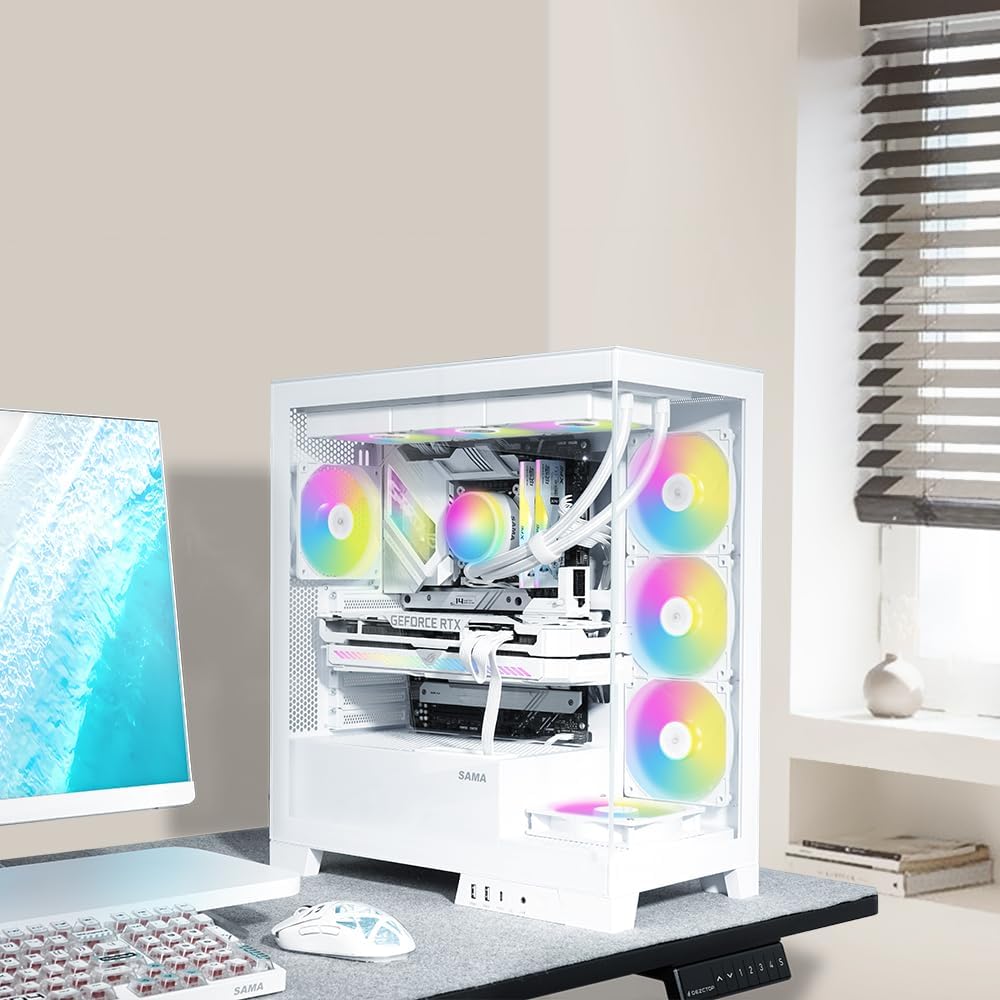 SAMA V50 - Carcasa para PC de juego, torre media, con vidrio templado doble, 4×ventiladores ARGB PWM, chasis de alto flujo de aire con soporte para radiador de 360mm, puerto USB-C, fácil gestión de