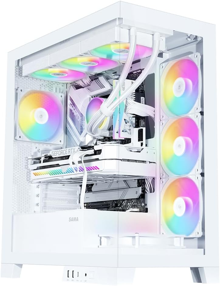 SAMA V50 - Carcasa para PC de juego, torre media, con vidrio templado doble, 4×ventiladores ARGB PWM, chasis de alto flujo de aire con soporte para radiador de 360mm, puerto USB-C, fácil gestión de