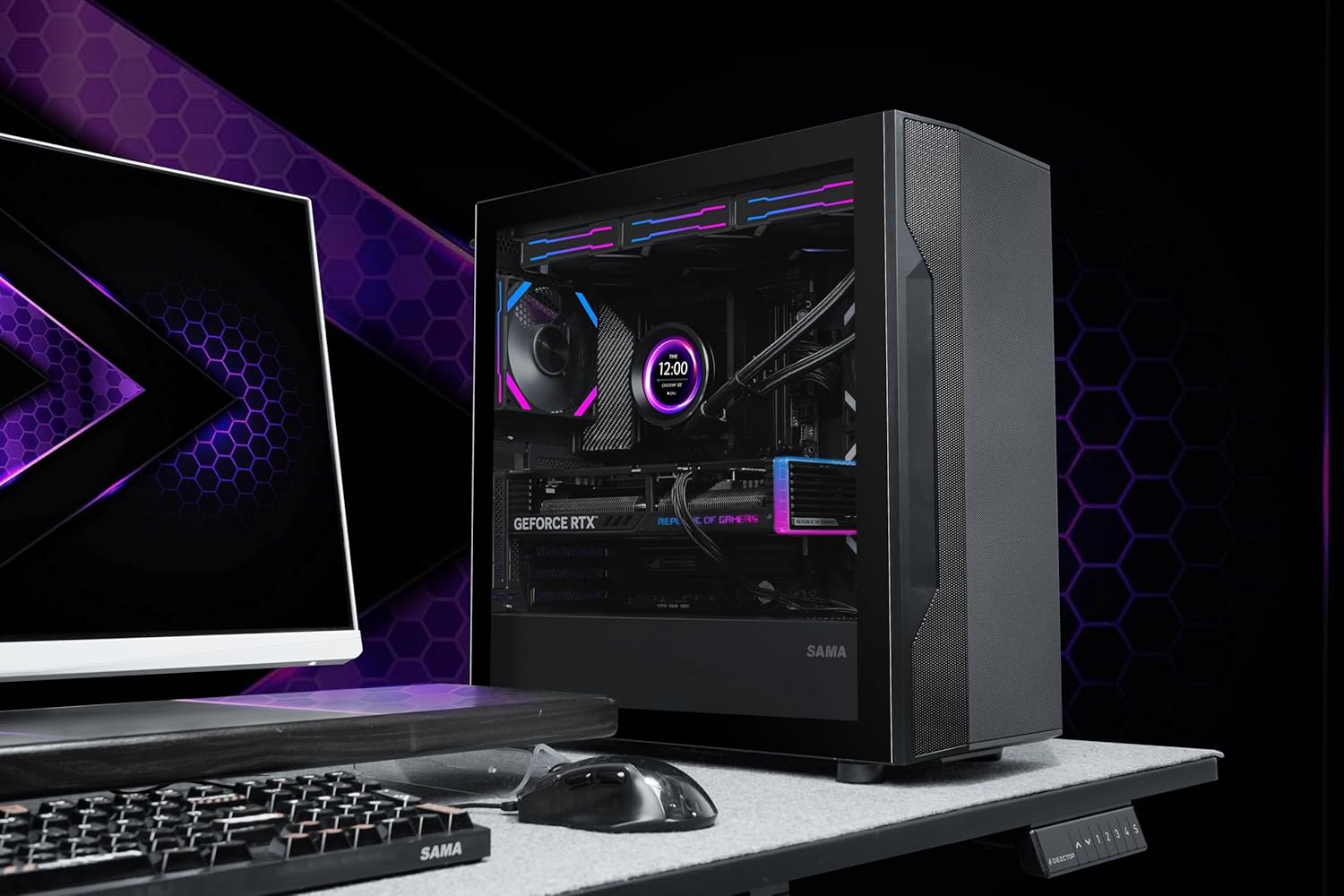 SAMA Carcasa para PC ATX de torre media S40 - Diseño de malla de alto flujo de aire, ventiladores ARGB PWM de 0.157 x 4.724 in, panel de vidrio templado, USB-C, estuche para juegos listo RTX 4090 (negro)