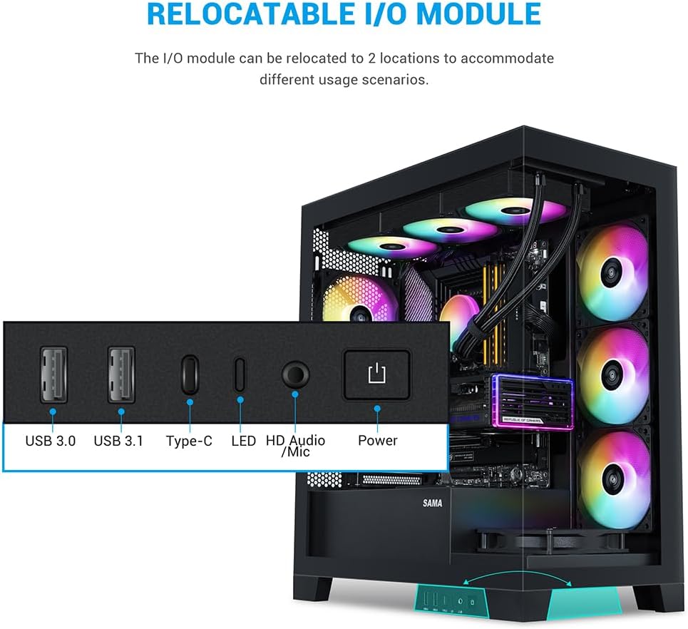 Chasis para PC SAMA V50 de Torre Media para Juegos con Doble Vidrio Templado, 4 Ventiladores ARGB PWM, Chasis de Alto Flujo de Aire con Soporte para Radiador de 360mm, Puerto USB-C, Fácil Gestión de