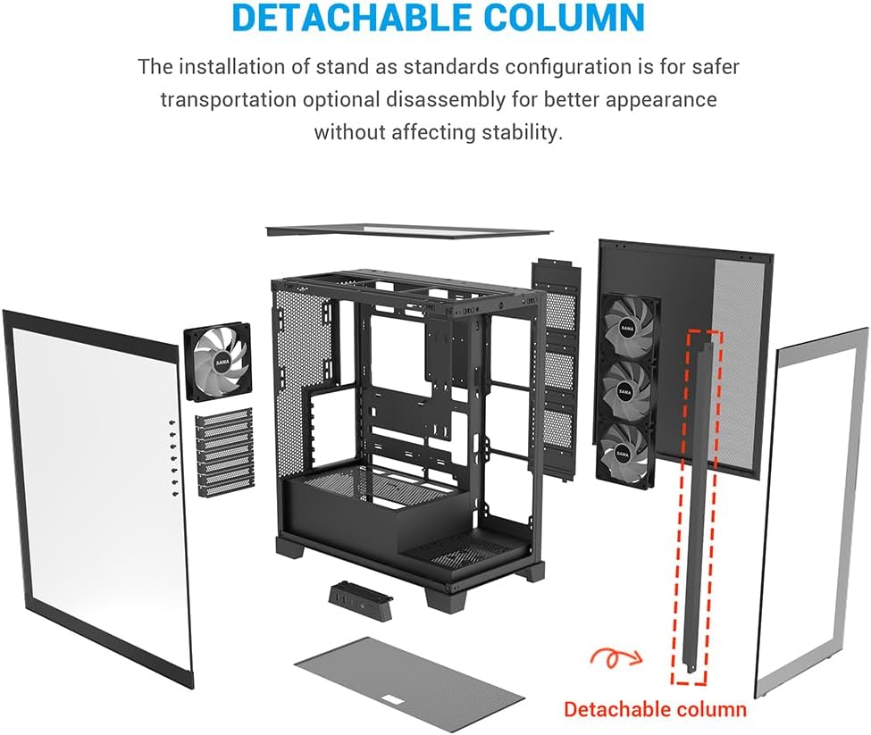 Chasis para PC SAMA V50 de Torre Media para Juegos con Doble Vidrio Templado, 4 Ventiladores ARGB PWM, Chasis de Alto Flujo de Aire con Soporte para Radiador de 360mm, Puerto USB-C, Fácil Gestión de