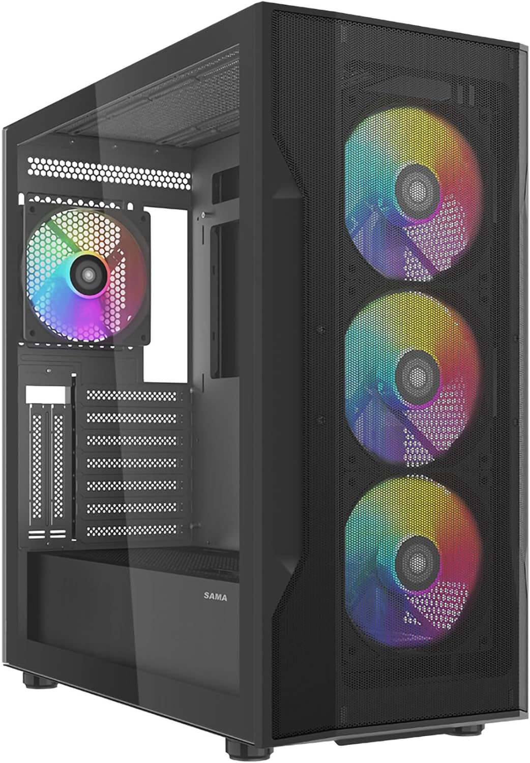 SAMA Carcasa para PC ATX de torre media S40 - Diseño de malla de alto flujo de aire, ventiladores ARGB PWM de 0.157 x 4.724 in, panel de vidrio templado, USB-C, estuche para juegos listo RTX 4090 (negro)