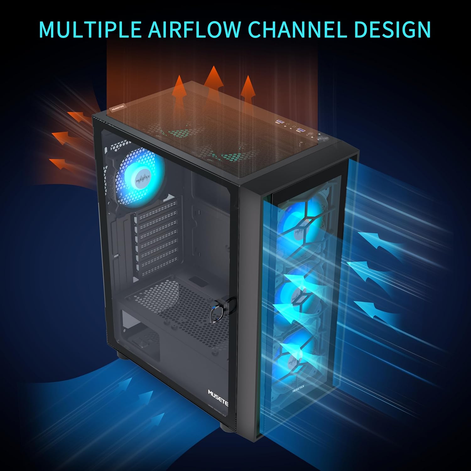 MUSETEX Funda para PC ATX, 6 ventiladores PWM ARGB preinstalados, carcasa de computadora con apertura de puerta de vidrio templado,chasis de PC para juegos de torre media, USB 3.0 x 2, negro, G07
