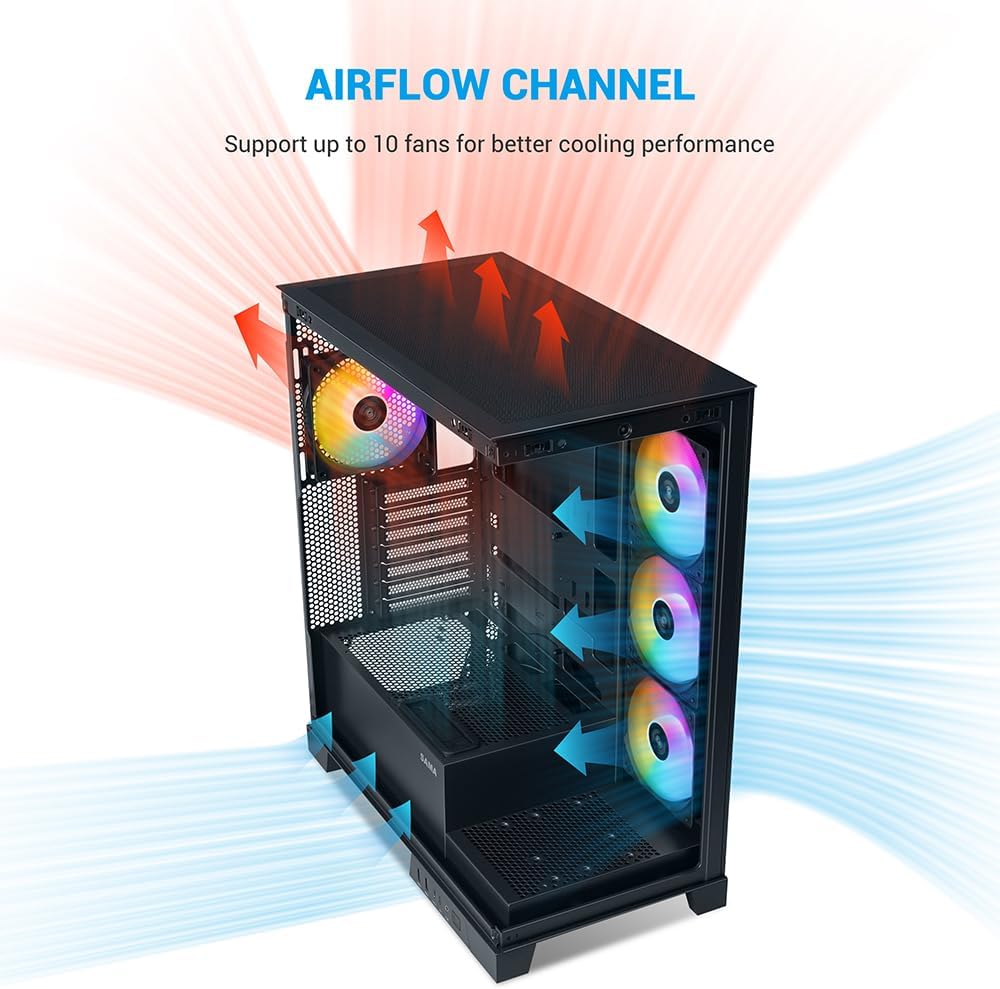 Chasis para PC SAMA V50 de Torre Media para Juegos con Doble Vidrio Templado, 4 Ventiladores ARGB PWM, Chasis de Alto Flujo de Aire con Soporte para Radiador de 360mm, Puerto USB-C, Fácil Gestión de