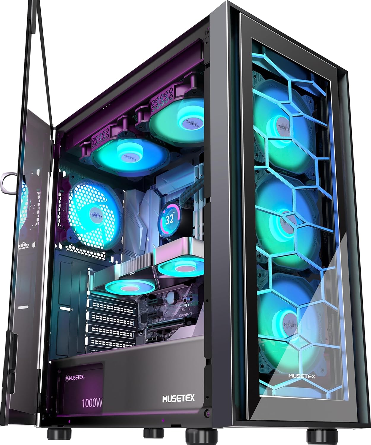 MUSETEX Funda para PC ATX, 6 ventiladores PWM ARGB preinstalados, carcasa de computadora con apertura de puerta de vidrio templado,chasis de PC para juegos de torre media, USB 3.0 x 2, negro, G07