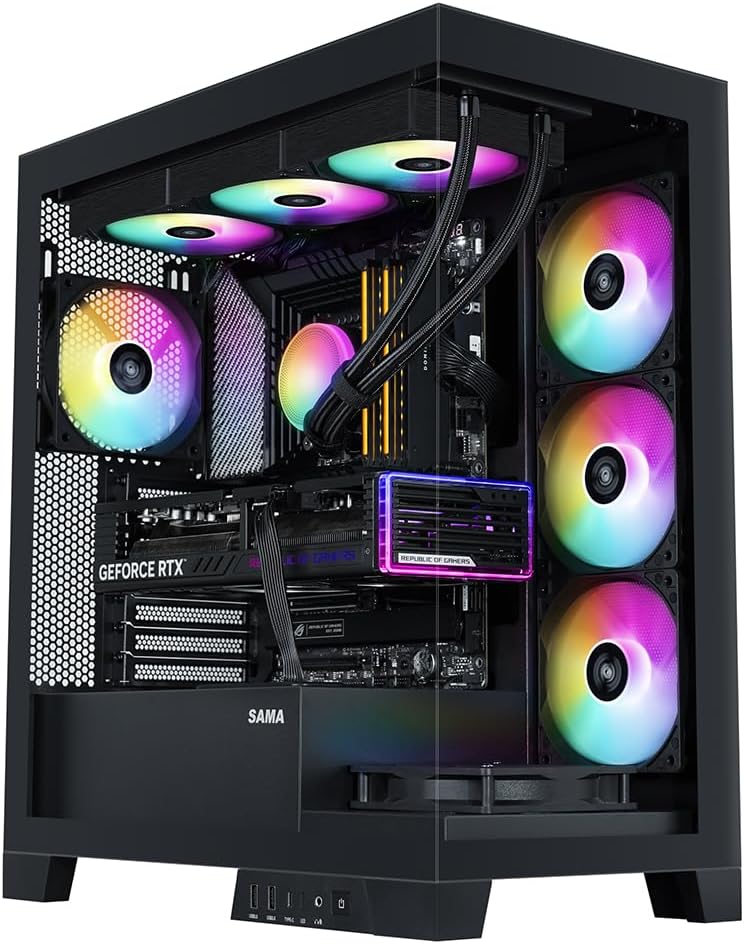 Chasis para PC SAMA V50 de Torre Media para Juegos con Doble Vidrio Templado, 4 Ventiladores ARGB PWM, Chasis de Alto Flujo de Aire con Soporte para Radiador de 360mm, Puerto USB-C, Fácil Gestión de
