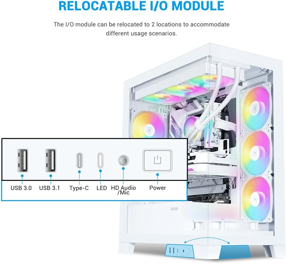 SAMA V50 - Carcasa para PC de juego, torre media, con vidrio templado doble, 4×ventiladores ARGB PWM, chasis de alto flujo de aire con soporte para radiador de 360mm, puerto USB-C, fácil gestión de