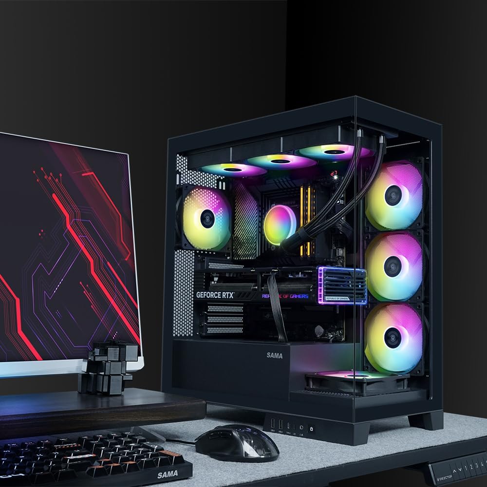 Chasis para PC SAMA V50 de Torre Media para Juegos con Doble Vidrio Templado, 4 Ventiladores ARGB PWM, Chasis de Alto Flujo de Aire con Soporte para Radiador de 360mm, Puerto USB-C, Fácil Gestión de