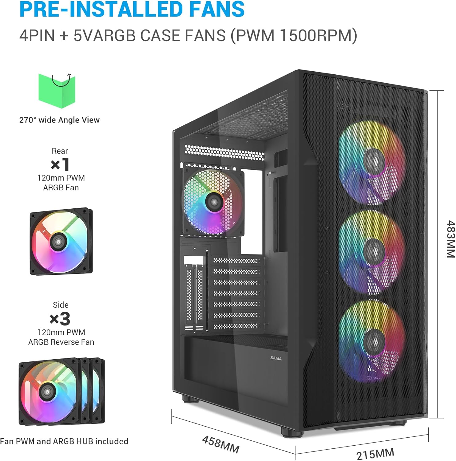 SAMA Carcasa para PC ATX de torre media S40 - Diseño de malla de alto flujo de aire, ventiladores ARGB PWM de 0.157 x 4.724 in, panel de vidrio templado, USB-C, estuche para juegos listo RTX 4090 (negro)