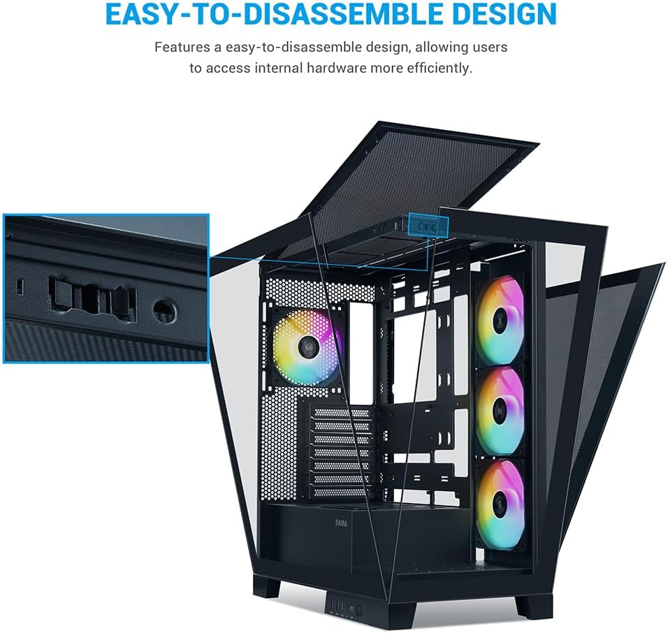 Chasis para PC SAMA V50 de Torre Media para Juegos con Doble Vidrio Templado, 4 Ventiladores ARGB PWM, Chasis de Alto Flujo de Aire con Soporte para Radiador de 360mm, Puerto USB-C, Fácil Gestión de