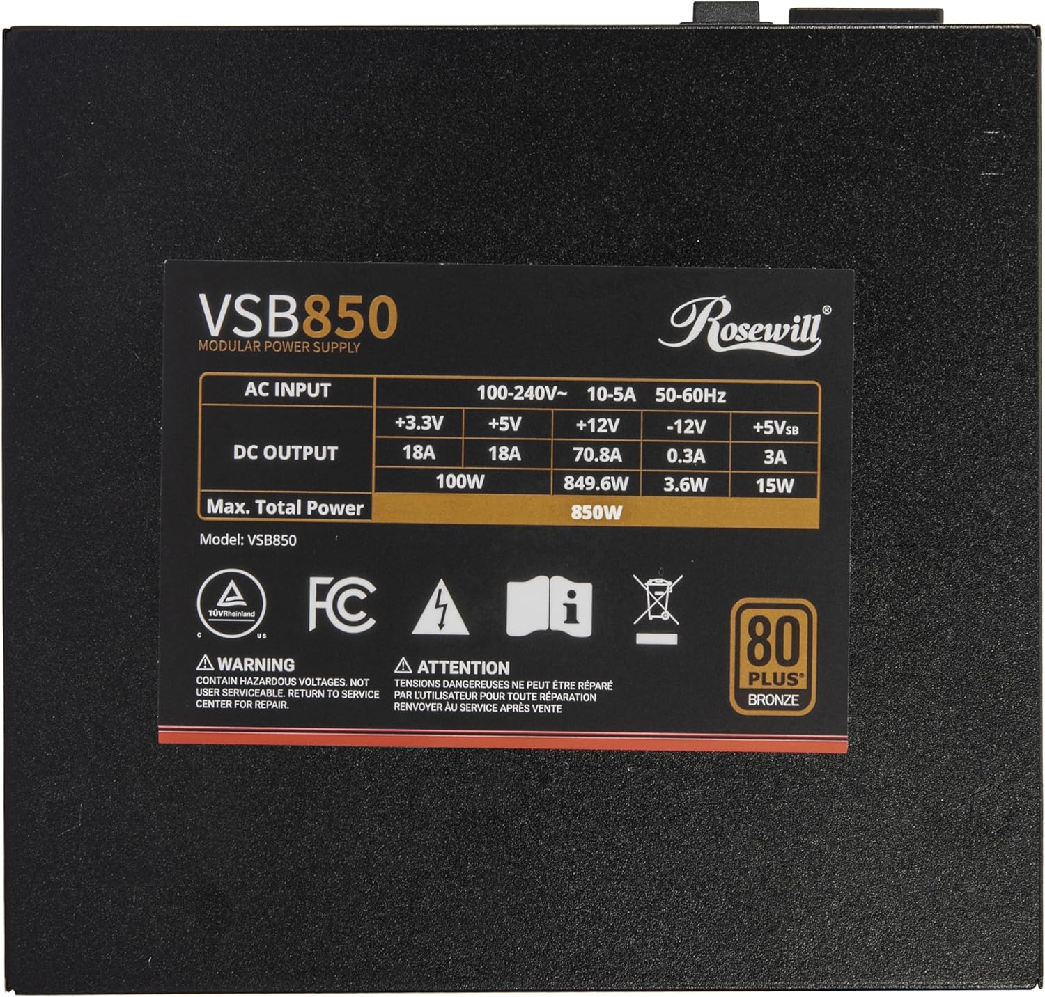  Fuente de alimentación semimodularRosewill VSB 850W 80+ Bronce, compatible con ATX 3.0 y 3.1,, conector PCIe 5.1 de 12V-2x6, condensador japonés de 105°C/221°F, ventilador silencioso ICB de 120 mm