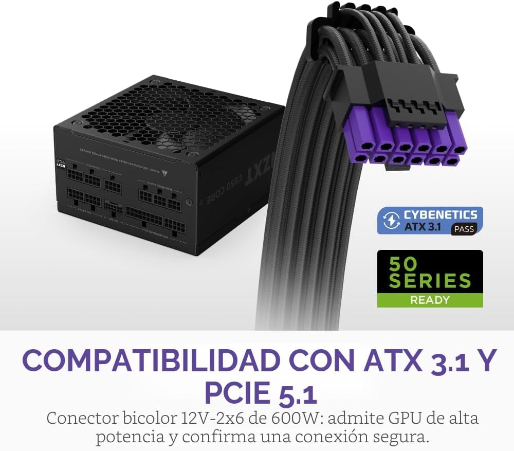 NZXT C850 Gold Core - Fuente de alimentación ATX 3.1 de 850W - 80 Plus Gold - Cybenetics Platinum - Completamente modular - PCIe 5.1 600W 12V-2x6 - Ventilador Zero RPM - Condensadores de 105°C - Negro