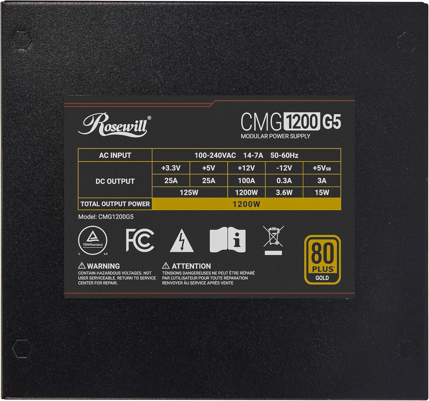Rosewill CMG5 1200W, compatible con ATX 3.0 y 3.1, fuente de alimentación modular completa 80+ Gold, conector PCIe 5.0 600W 12V-2x6, condensadores electrolíticos 100% japoneses, ventiladores FDB de 4.724 in - CMG1200G5