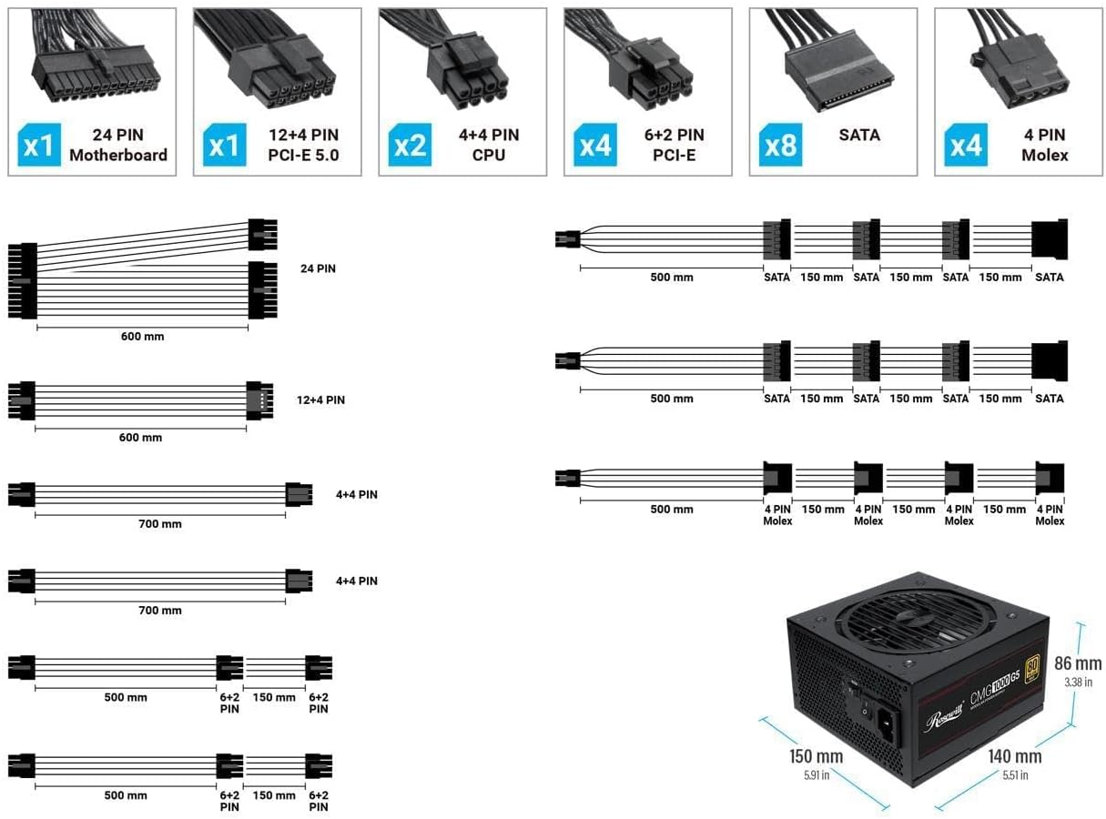 Rosewill CMG5 1000W, compatible con ATX 3.0 y 3.1, fuente de alimentación modular completa 80+ Gold, conector PCIe 5.0 600W 12V-2x6, condensador electrolítico 100% japonés, modo silencioso ecológico, ventiladores FDB de 4.724 in - CMG1000G5