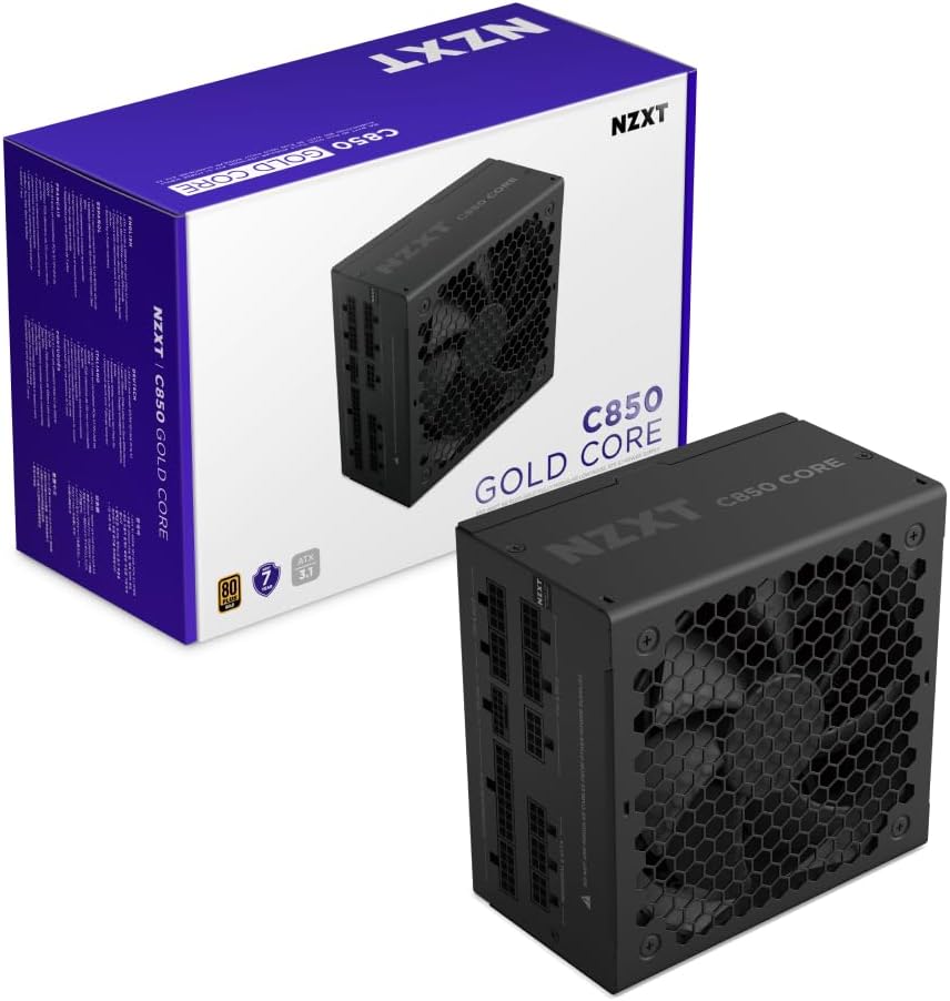 NZXT C850 Gold Core - Fuente de alimentación ATX 3.1 de 850W - 80 Plus Gold - Cybenetics Platinum - Completamente modular - PCIe 5.1 600W 12V-2x6 - Ventilador Zero RPM - Condensadores de 105°C - Negro