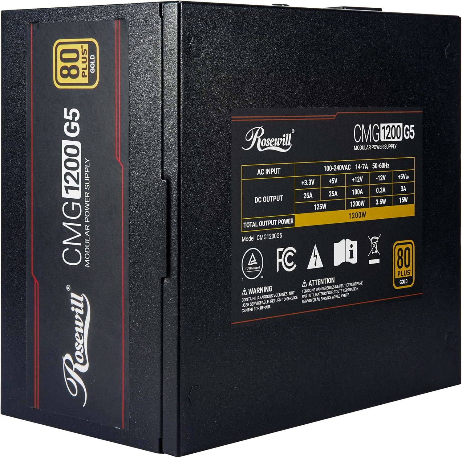 Rosewill CMG5 1200W, compatible con ATX 3.0 y 3.1, fuente de alimentación modular completa 80+ Gold, conector PCIe 5.0 600W 12V-2x6, condensadores electrolíticos 100% japoneses, ventiladores FDB de 4.724 in - CMG1200G5