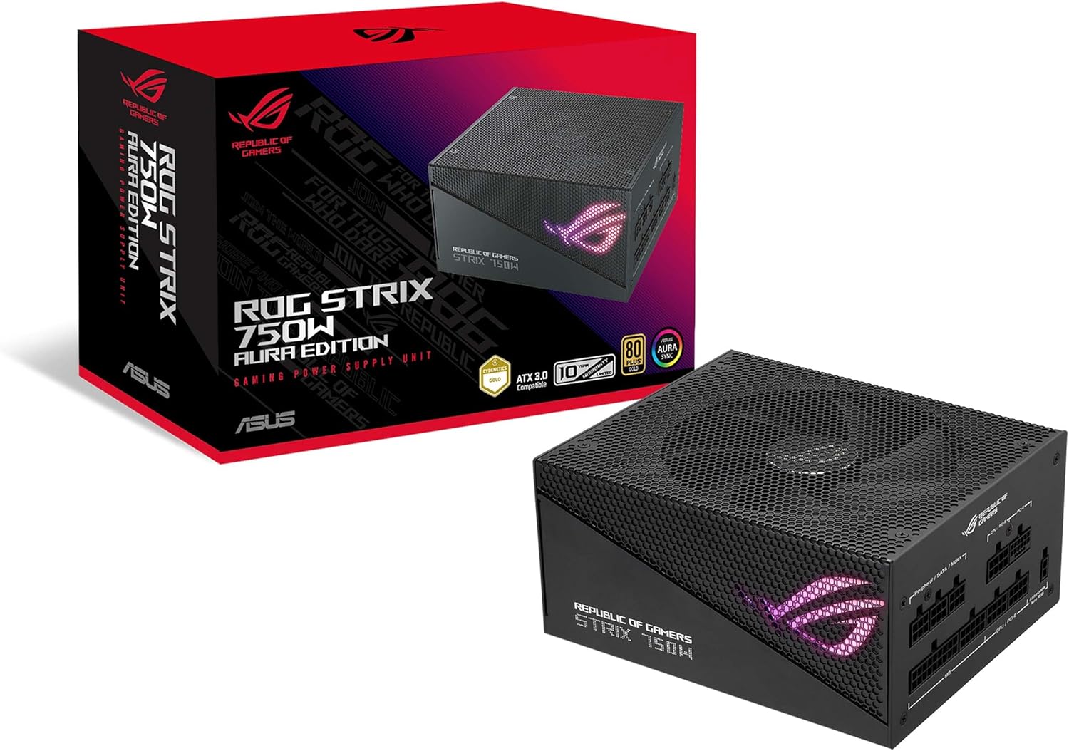 ASUS ROG Strix 750W Gold Aura Edition (fuente de alimentación totalmente modular, certificado Gold 80+, ATX 3.0, certificación Cybenetics Lambda A++, listo para PCIe Gen 5.0, ventilador de tecnología