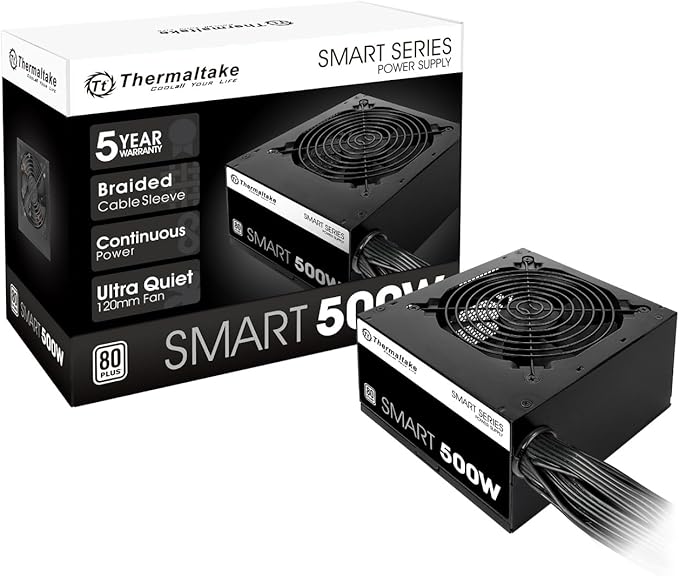 Thermaltake Fuente de alimentación inteligente con certificación blanca de 500 W 80+, potencia continua con ventilador de refrigeración ultra silencioso de 4.724 in, ATX 12V V2.3/EPS 12V fuente de alimentación PFC activa PS-SPD