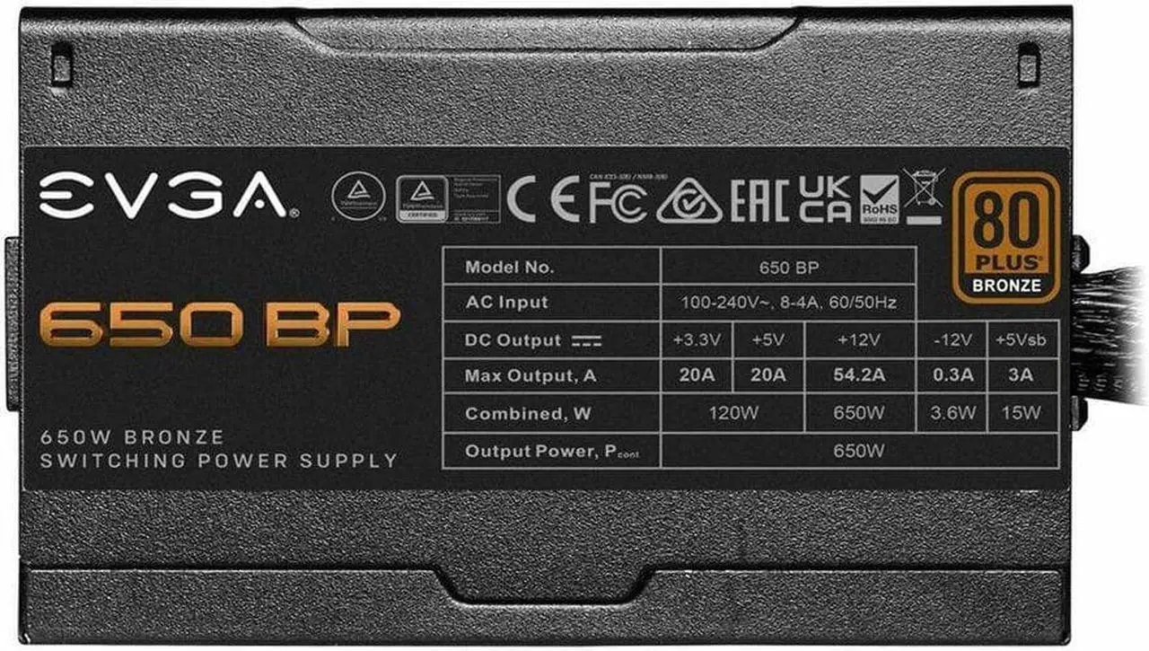 Fuente de alimentación EVGA - 650 BP, 80+ BRONZE 650W, 100-BP-0650-K1, 