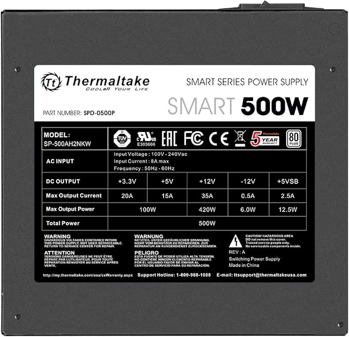Thermaltake Fuente de alimentación inteligente con certificación blanca de 500 W 80+, potencia continua con ventilador de refrigeración ultra silencioso de 4.724 in, ATX 12V V2.3/EPS 12V fuente de alimentación PFC activa PS-SPD