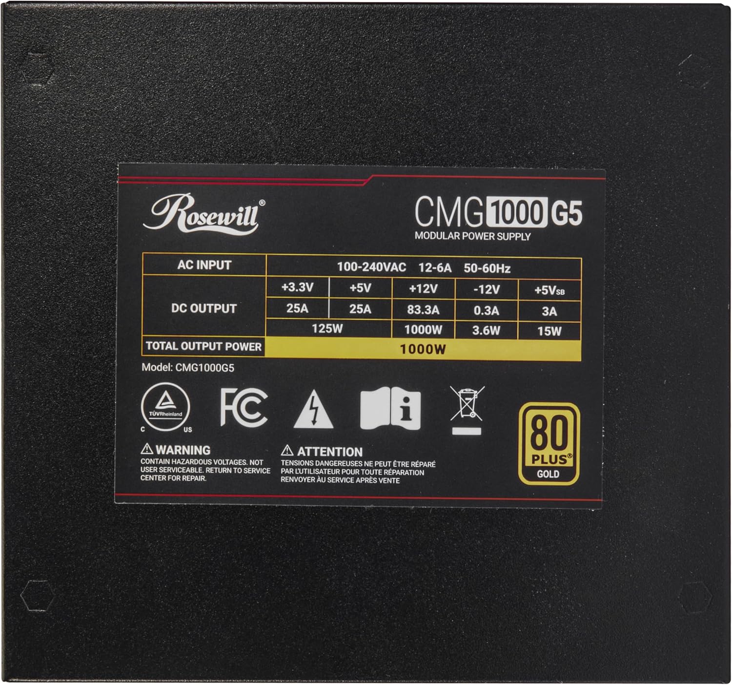 Rosewill CMG5 1000W, compatible con ATX 3.0 y 3.1, fuente de alimentación modular completa 80+ Gold, conector PCIe 5.0 600W 12V-2x6, condensador electrolítico 100% japonés, modo silencioso ecológico, ventiladores FDB de 4.724 in - CMG1000G5