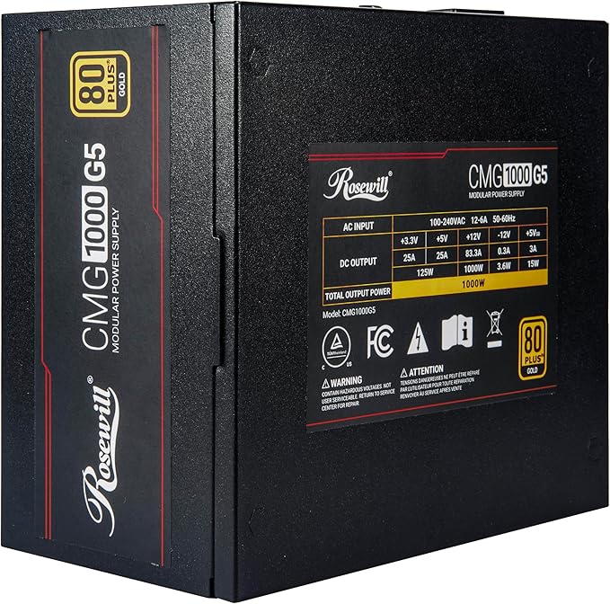 Rosewill CMG5 1000W, compatible con ATX 3.0 y 3.1, fuente de alimentación modular completa 80+ Gold, conector PCIe 5.0 600W 12V-2x6, condensador electrolítico 100% japonés, modo silencioso ecológico, ventiladores FDB de 4.724 in - CMG1000G5