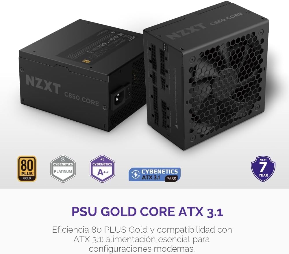 NZXT C850 Gold Core - Fuente de alimentación ATX 3.1 de 850W - 80 Plus Gold - Cybenetics Platinum - Completamente modular - PCIe 5.1 600W 12V-2x6 - Ventilador Zero RPM - Condensadores de 105°C - Negro