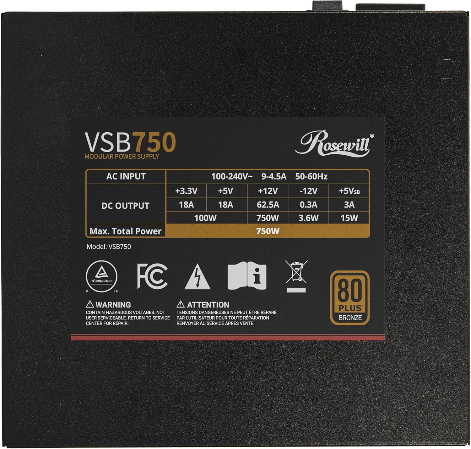 Rosewill VSB 750 W 80+ Bronce, compatible con ATX 3.0 y 3.1, fuente de alimentación semimodular, conector PCIe 5.1