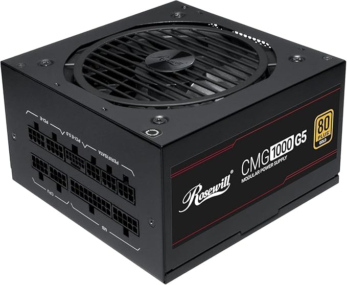 Rosewill CMG5 1000W, compatible con ATX 3.0 y 3.1, fuente de alimentación modular completa 80+ Gold, conector PCIe 5.0 600W 12V-2x6, condensador electrolítico 100% japonés, modo silencioso ecológico, ventiladores FDB de 4.724 in - CMG1000G5