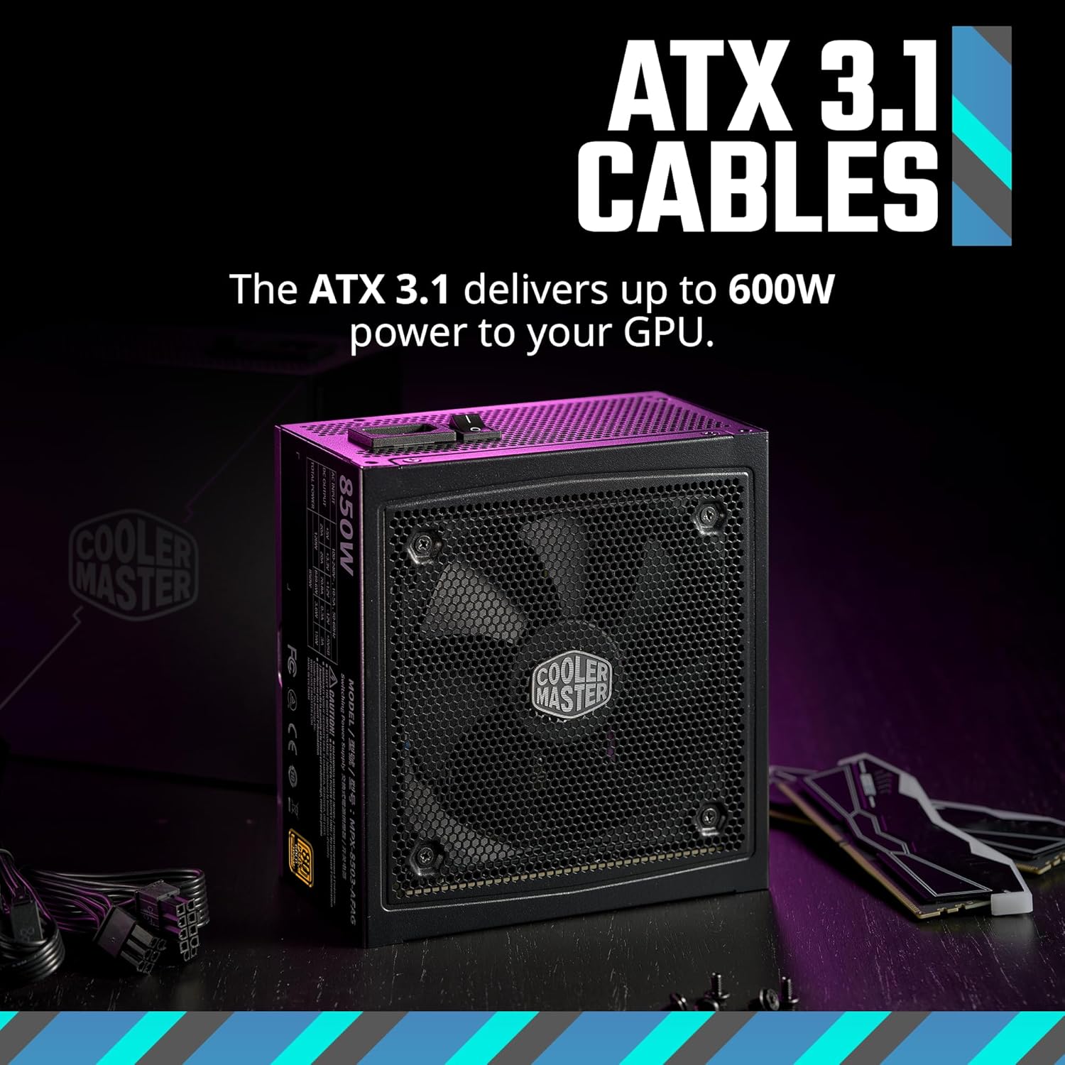 Cooler Master Fuente de alimentación MWE Gold 850 V3 totalmente modular, 850 W 80+ Gold Certified PSU, Cybenetics Platinum, 90° 12V-2x6 PCIe 5.1, soporte ATX 3.1, modo de bajo ruido cero RPM