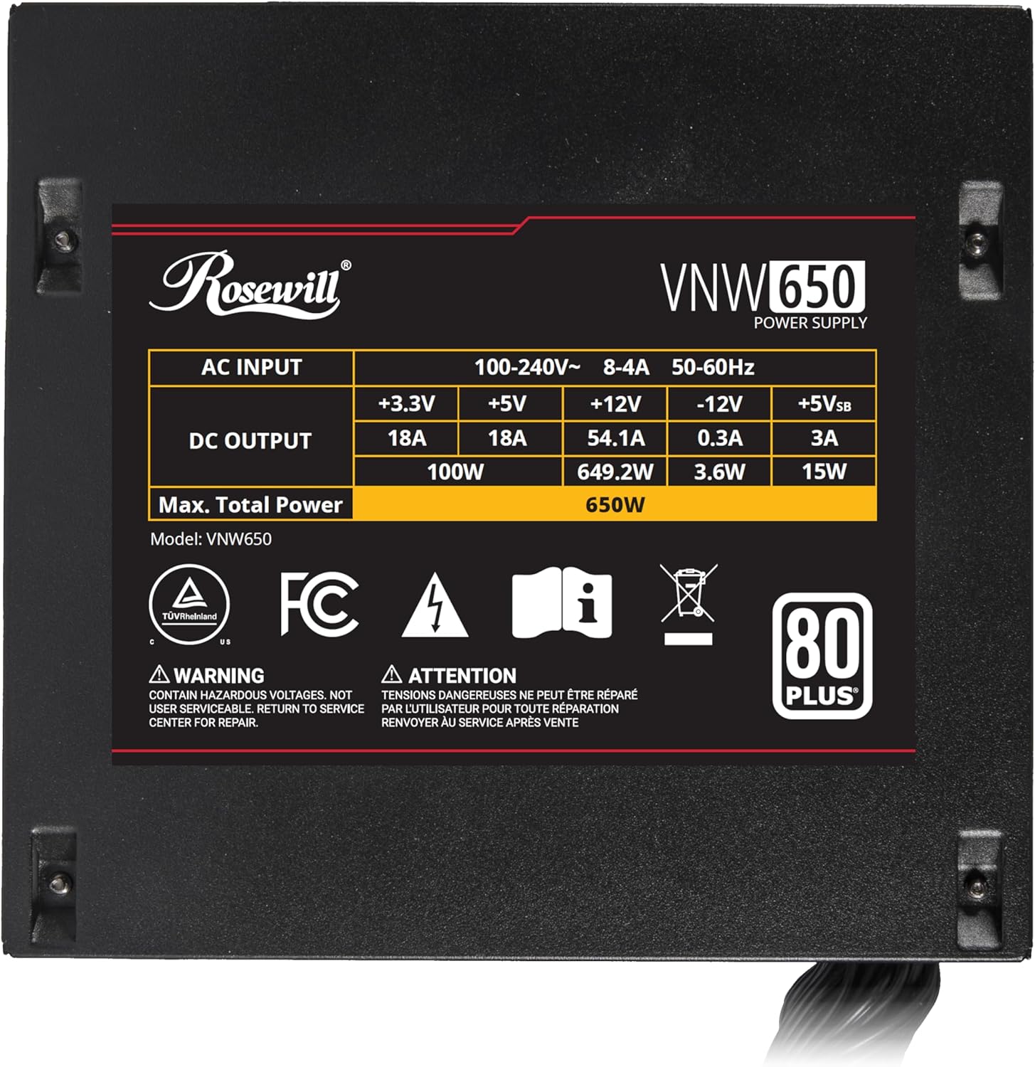 Rosewill VNW 650W 80+ certificado blanco, diseño PFC activo no modular, fuente de alimentación de bajo ruido, condensador electrolítico, ventilador silencioso FDB de 4.724 in