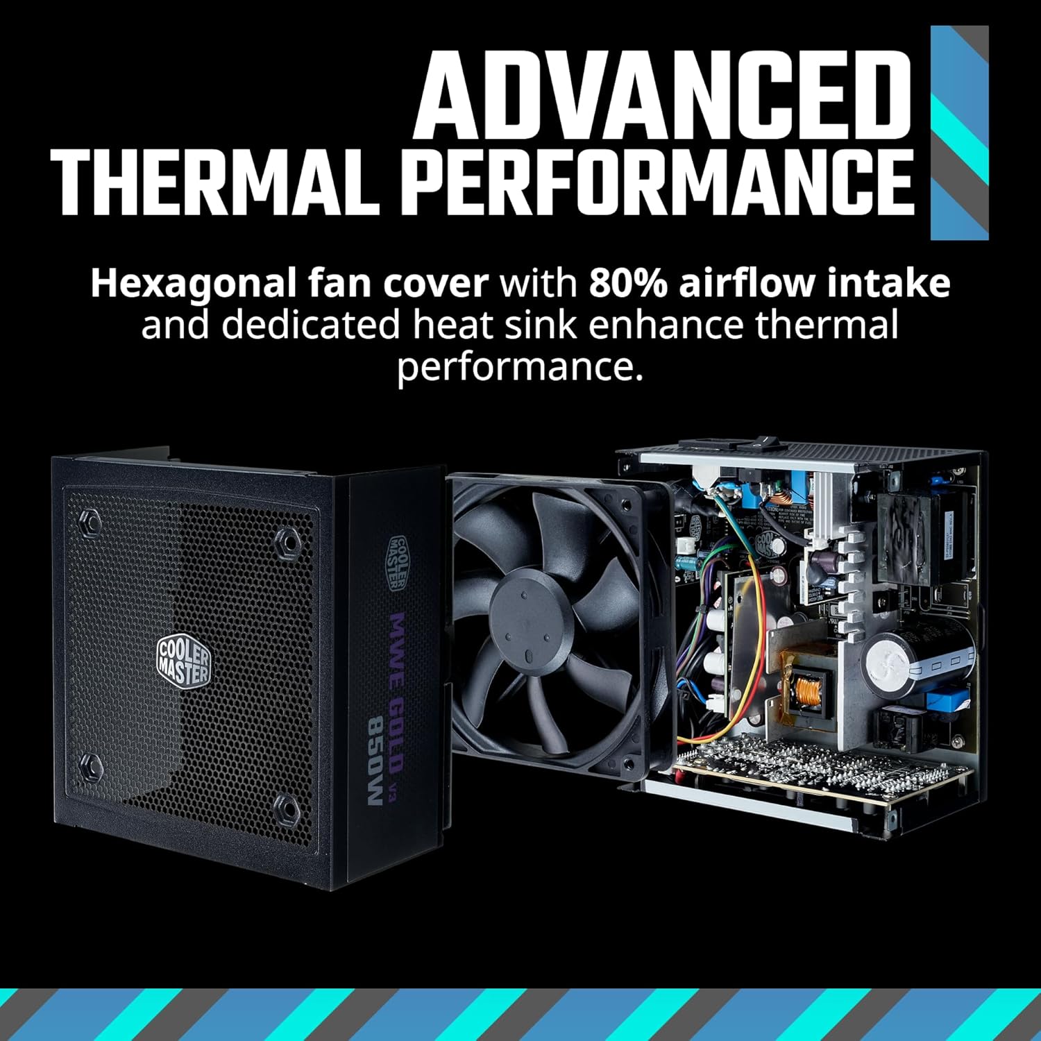 Cooler Master Fuente de alimentación MWE Gold 850 V3 totalmente modular, 850 W 80+ Gold Certified PSU, Cybenetics Platinum, 90° 12V-2x6 PCIe 5.1, soporte ATX 3.1, modo de bajo ruido cero RPM