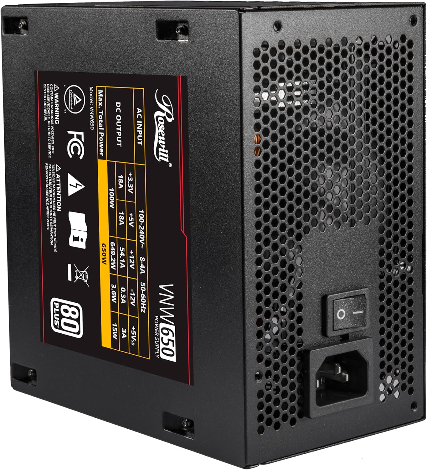 Rosewill VNW 650W 80+ certificado blanco, diseño PFC activo no modular, fuente de alimentación de bajo ruido, condensador electrolítico, ventilador silencioso FDB de 4.724 in