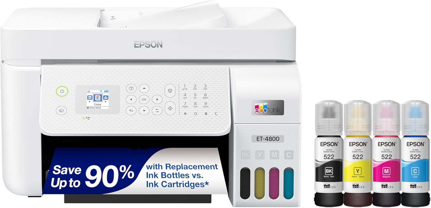Epson EcoTank ET-4800 Impresora inalámbrica todo en uno sin cartuchos, tanque grande, con escáner, copiadora, fax, ADF y Ethernet – Ideal para tu oficina en casa, color blanco