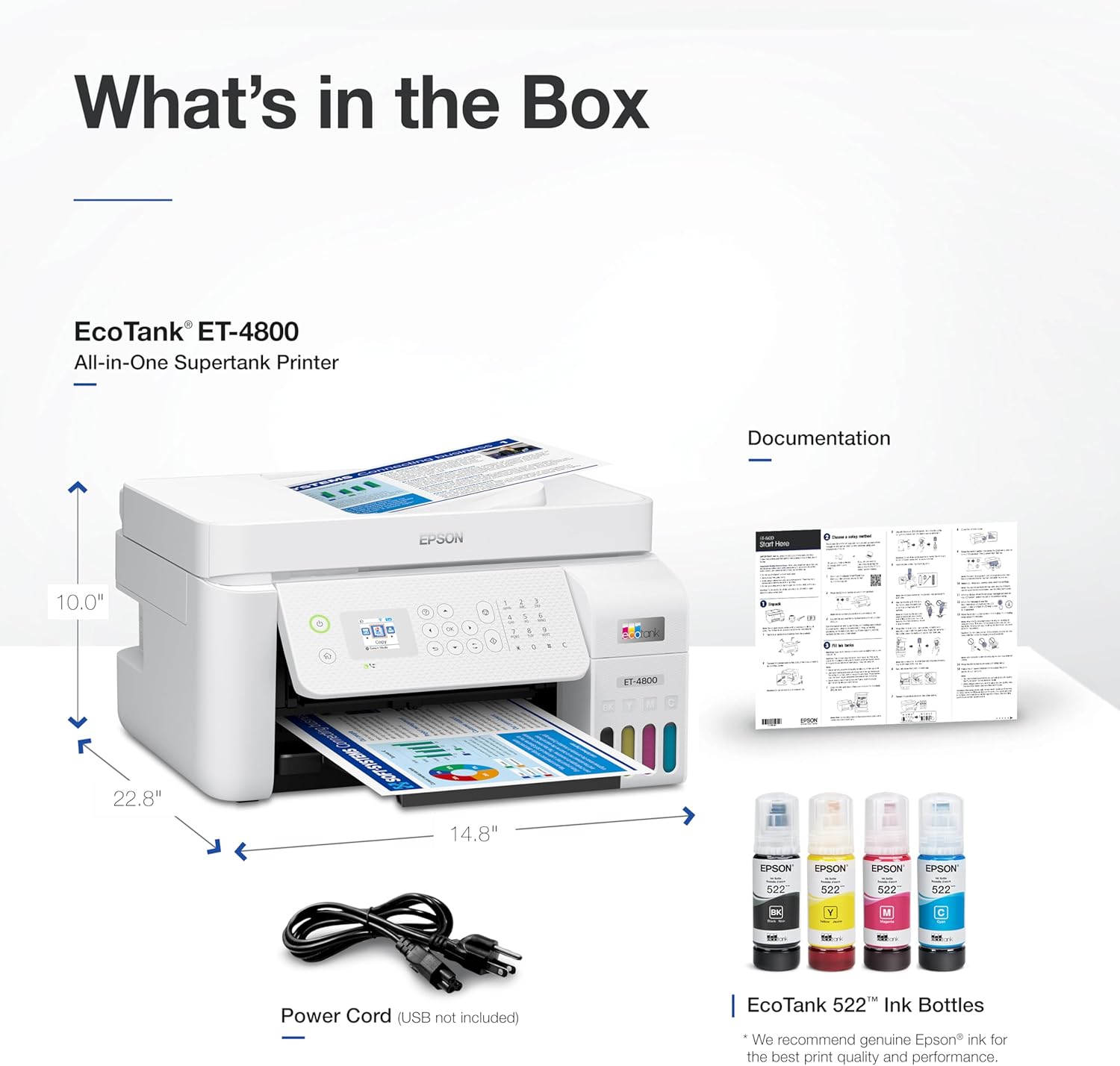 Epson EcoTank ET-4800 Impresora inalámbrica todo en uno sin cartuchos, tanque grande, con escáner, copiadora, fax, ADF y Ethernet – Ideal para tu oficina en casa, color blanco