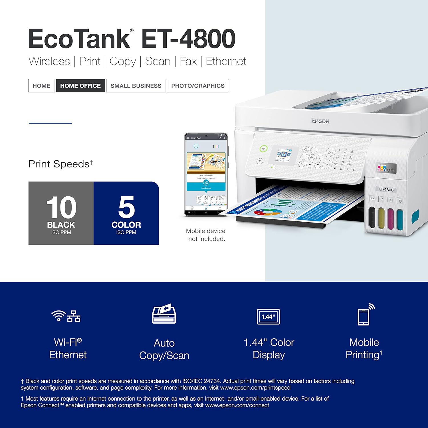 Epson EcoTank ET-4800 Impresora inalámbrica todo en uno sin cartuchos, tanque grande, con escáner, copiadora, fax, ADF y Ethernet – Ideal para tu oficina en casa, color blanco