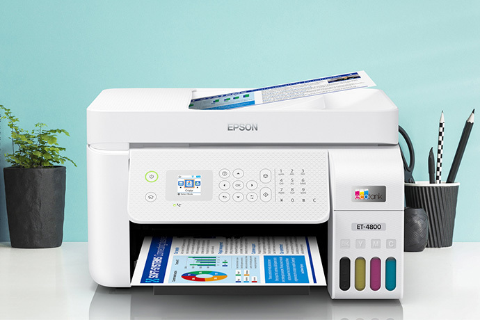 Epson EcoTank ET-4800 Impresora inalámbrica todo en uno sin cartuchos, tanque grande, con escáner, copiadora, fax, ADF y Ethernet – Ideal para tu oficina en casa, color blanco