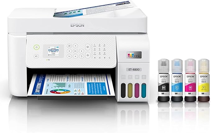 Epson EcoTank ET-4800 Impresora inalámbrica todo en uno sin cartuchos, tanque grande, con escáner, copiadora, fax, ADF y Ethernet – Ideal para tu oficina en casa, color blanco