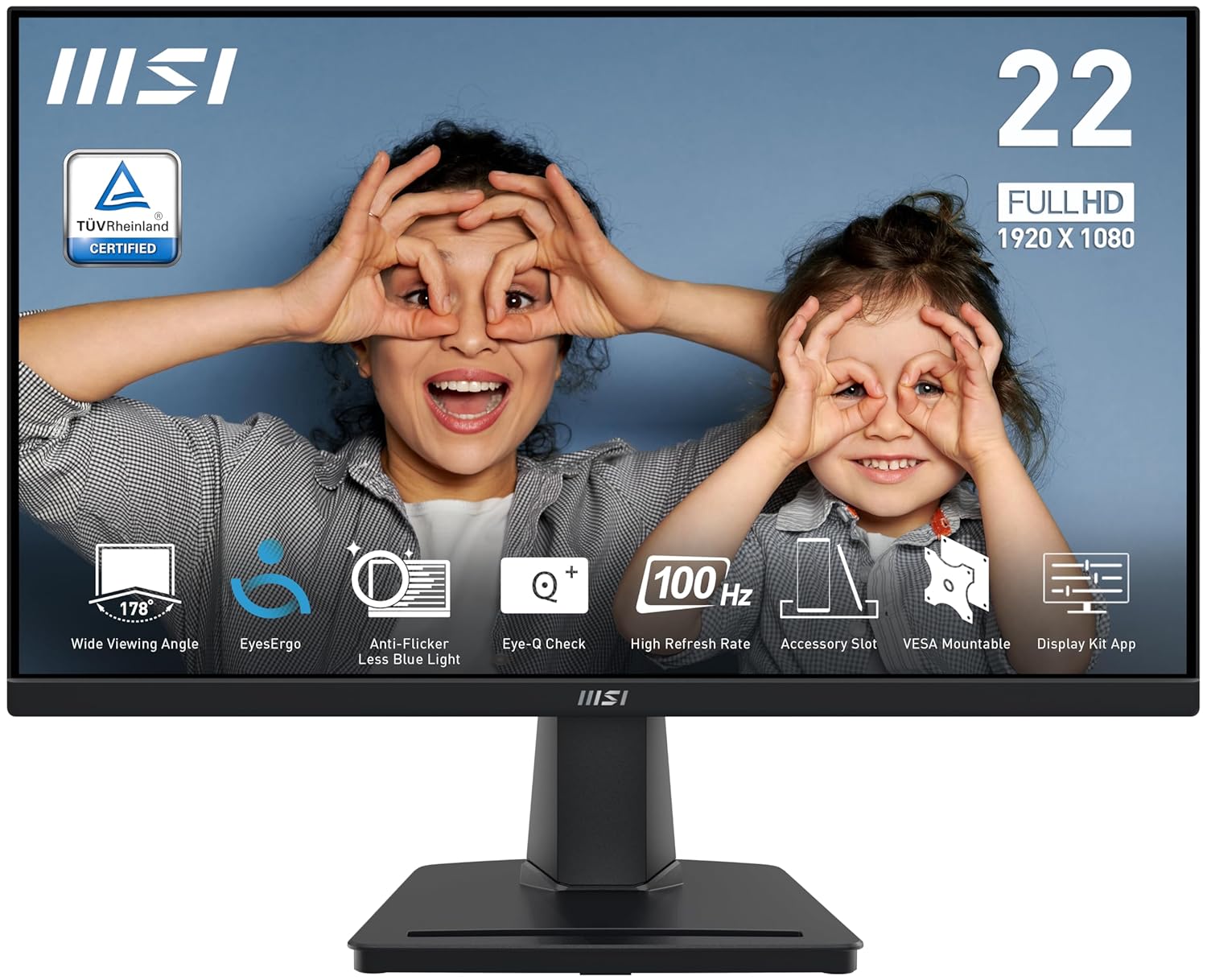 msi PRO MP225V, 22 pulgadas, monitor de computadora 1920 x 1080 (FHD), 100Hz, sincronización adaptativa, HDMI, puerto de video, luz azul baja, control Eye-Q, montaje VESA, inclinación, 1 ms, negro