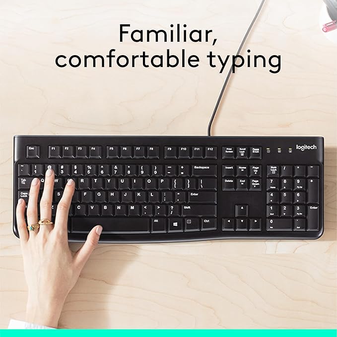 K120 teclado ergonómico de escritorio con cable USB negro, Negro Teclado de tamaño completo, resistente a derrames, barra espaciadora curva, compatible con PC con Windows y portátiles