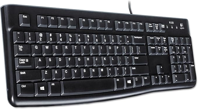 K120 teclado ergonómico de escritorio con cable USB negro, Negro Teclado de tamaño completo, resistente a derrames, barra espaciadora curva, compatible con PC con Windows y portátiles
