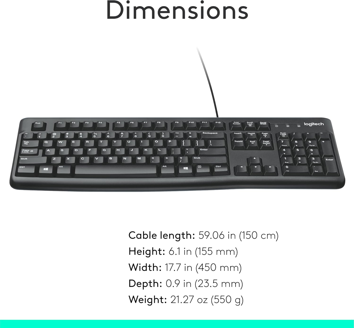 K120 teclado ergonómico de escritorio con cable USB negro, Negro Teclado de tamaño completo, resistente a derrames, barra espaciadora curva, compatible con PC con Windows y portátiles