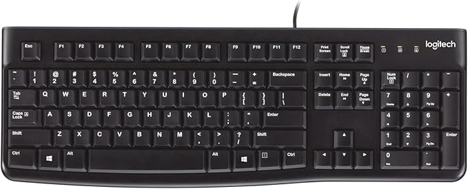 K120 teclado ergonómico de escritorio con cable USB negro, Negro Teclado de tamaño completo, resistente a derrames, barra espaciadora curva, compatible con PC con Windows y portátiles