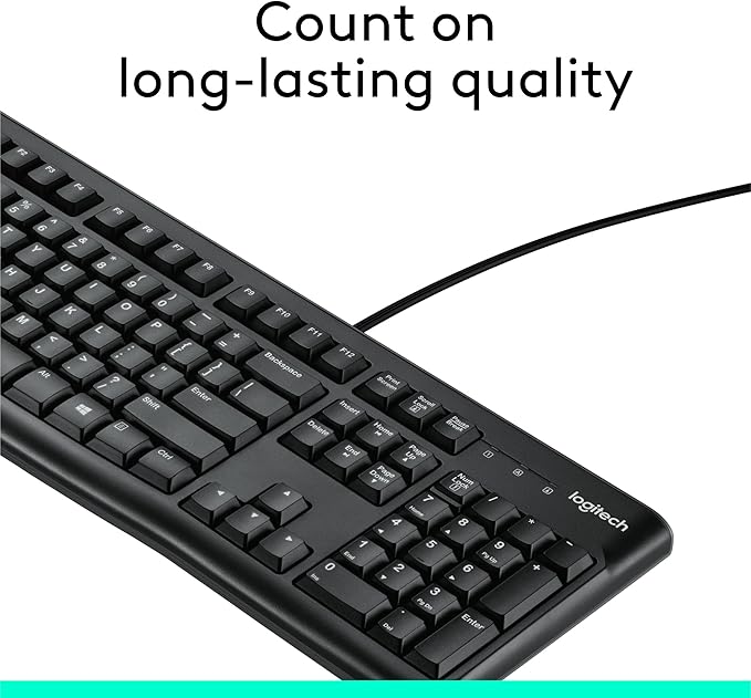 K120 teclado ergonómico de escritorio con cable USB negro, Negro Teclado de tamaño completo, resistente a derrames, barra espaciadora curva, compatible con PC con Windows y portátiles
