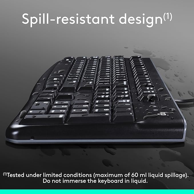 K120 teclado ergonómico de escritorio con cable USB negro, Negro Teclado de tamaño completo, resistente a derrames, barra espaciadora curva, compatible con PC con Windows y portátiles