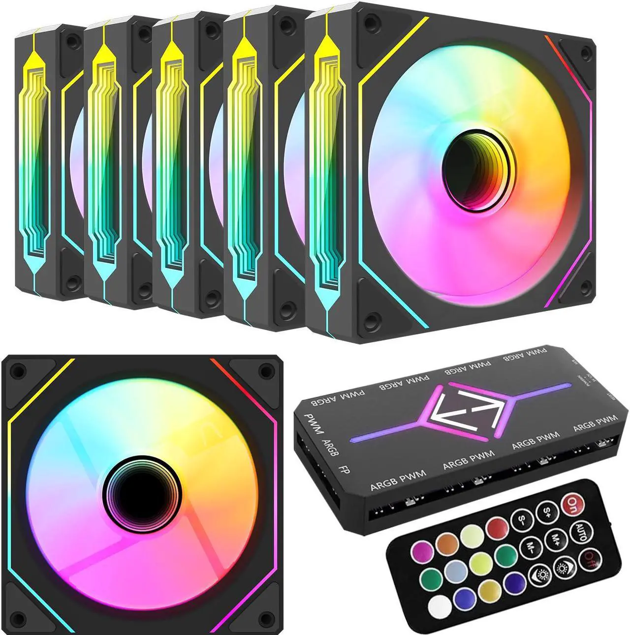 Ventiladores RGB: paquete de 6 ventiladores PWM ARGB de 120 mm para caja con concentrador de ventilador y control remoto, control de velocidad, ventilador con control PWM para caja de computadora y sistema de refrigeración líquida.